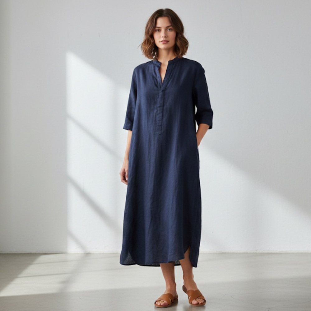 Ocean+Main Navy Blue Cotton Caftan Kimono Midi Dress Size Large